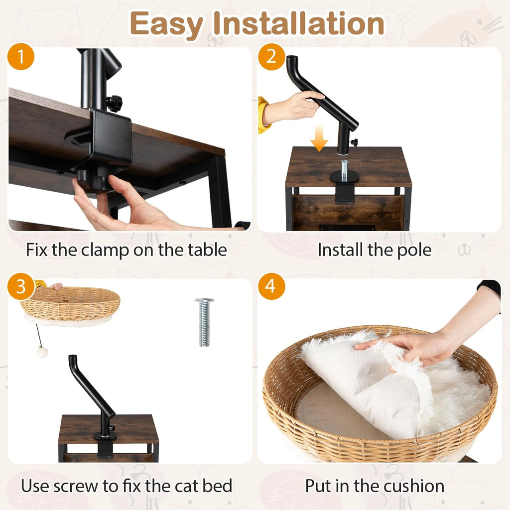 Tangkula Cat Desk Bed 360° Rotatable Rattan Desk Cat Bed Attachment