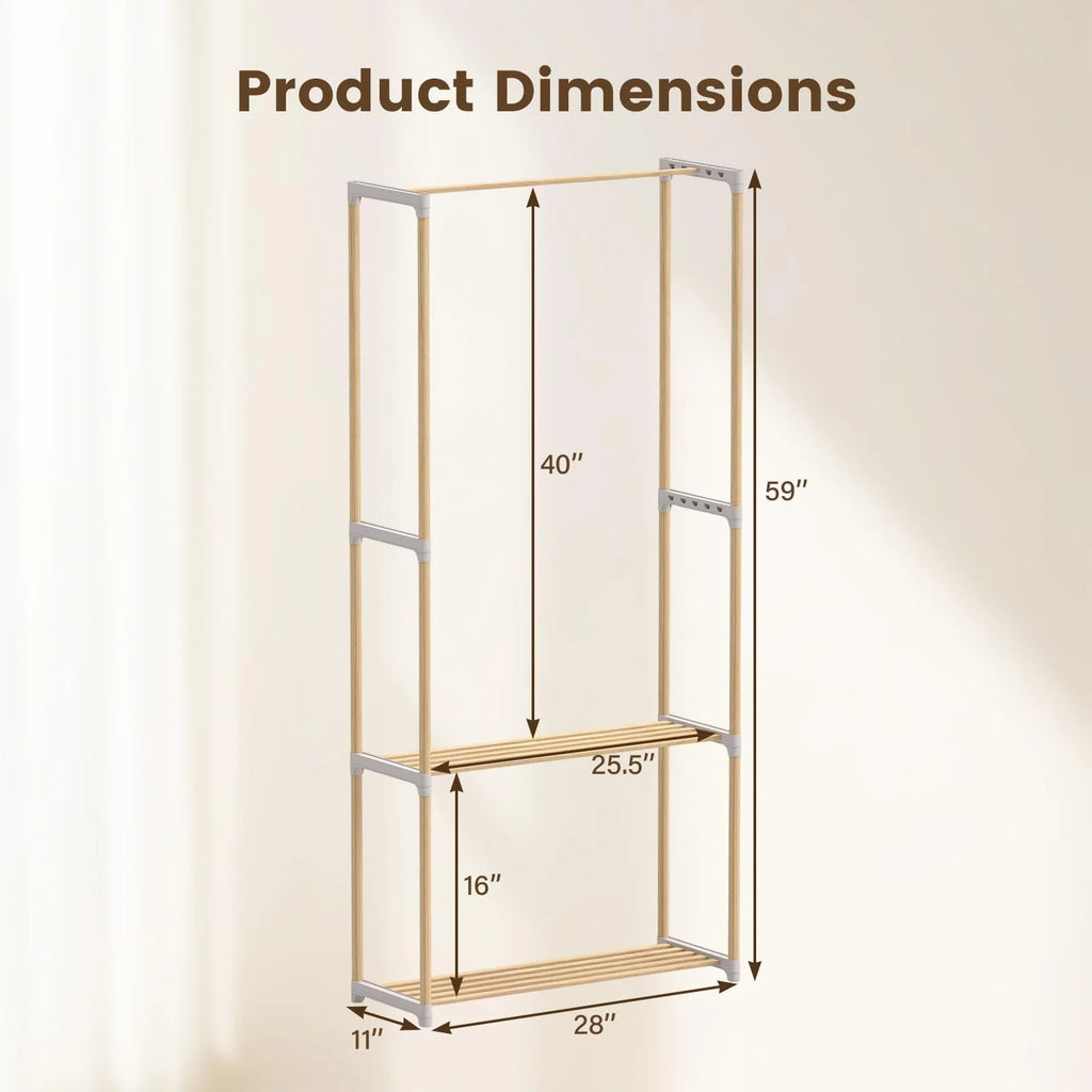 Tangkula Solid Wood Clothes Rack for Hanging Clothes with Hanging Rod & 2 Open Shelves