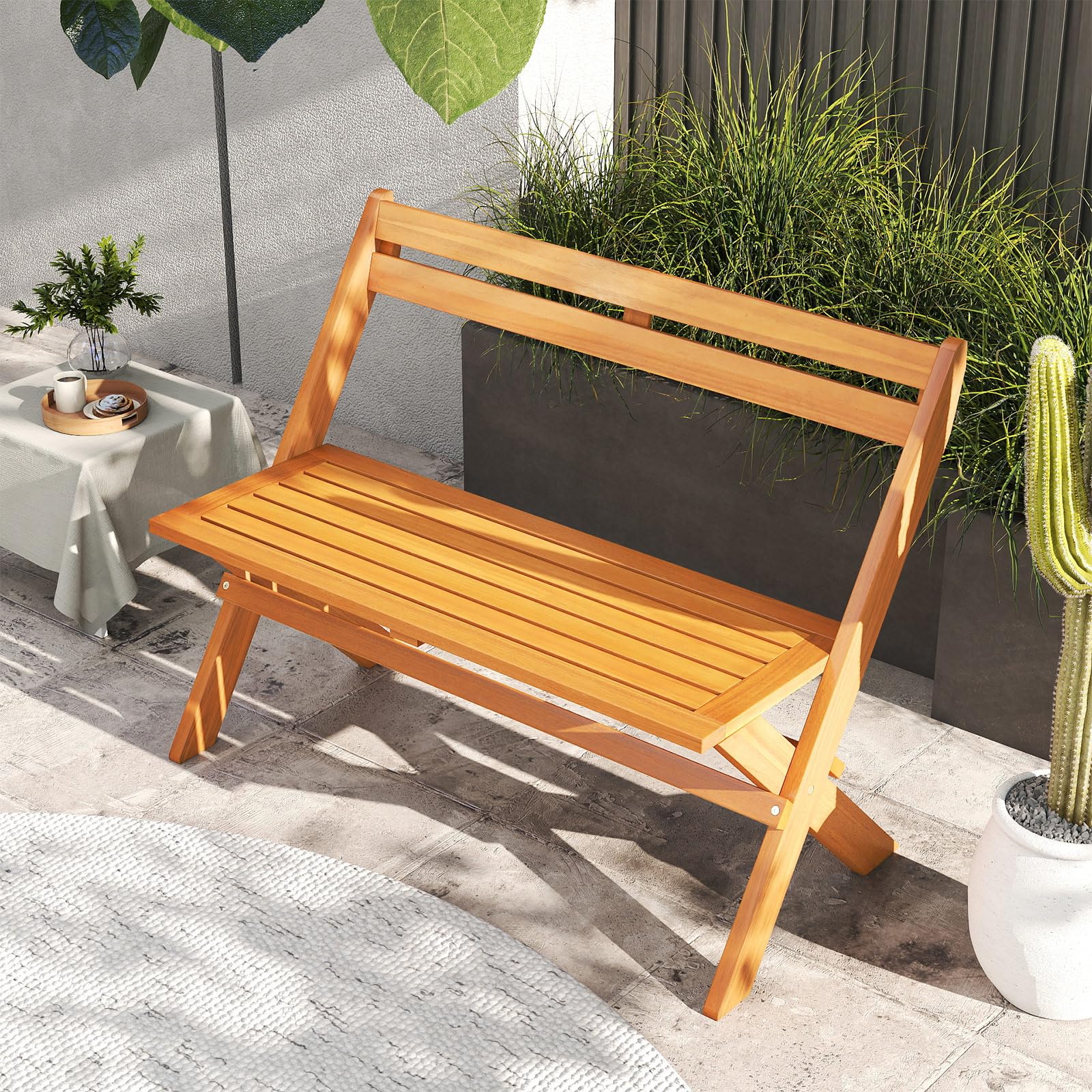 Tangkula Foldable Acacia Wood Outdoor Bench