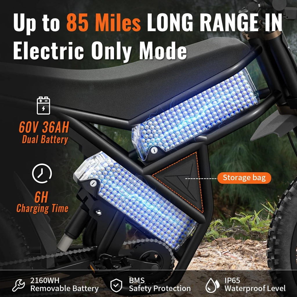 2000W Electric Dirt Bike for Adults Ridingtimes GT73 UL2849, Brushless Hub Motor, 18.2ah*2 Electric Bike with 25" Tires Digital Screen Carbon Steel, Black