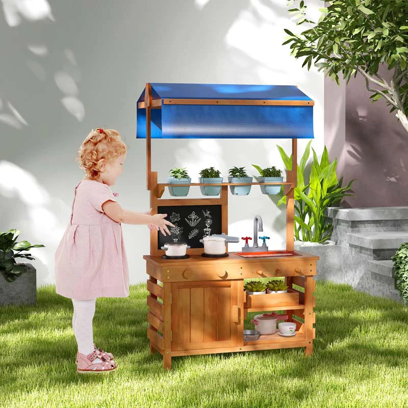 Kids Mud Kitchen Playset, Fir Wood Outdoor Play Kitchen Kids Potting Bench Mud Table with Adjustable Canopy, Sink, 4 Pots, Blackboard
