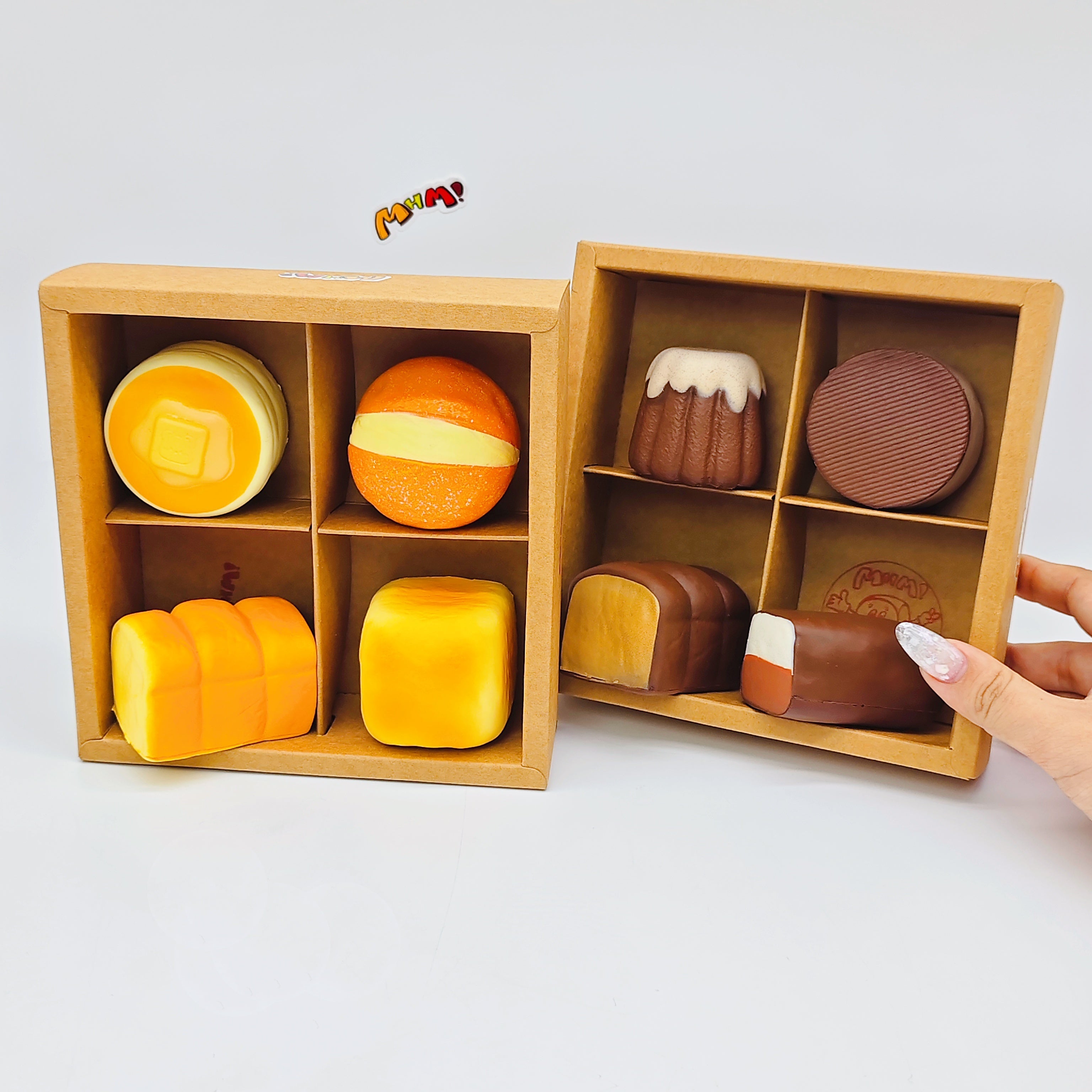 🍫🍞 2-Set 4-grid Mini Bread Squishy Combo | Chocolate & Original Bakery Themed Slow Rising Stress Relief Toy
