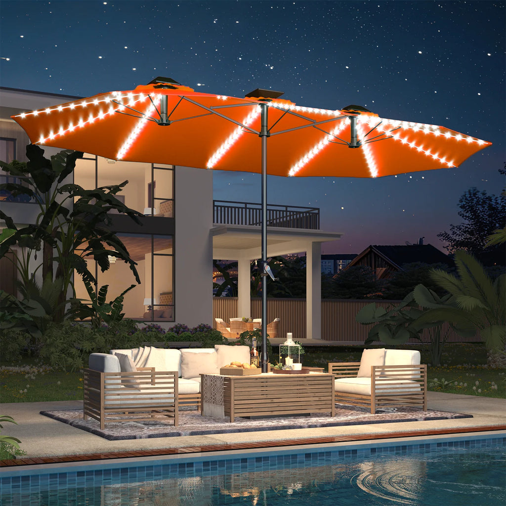 AECOJOY 15ft Patio Double-Sided Umbrella, 156 PCS Solar LED Light Outdoor Large Umbrella, Orange