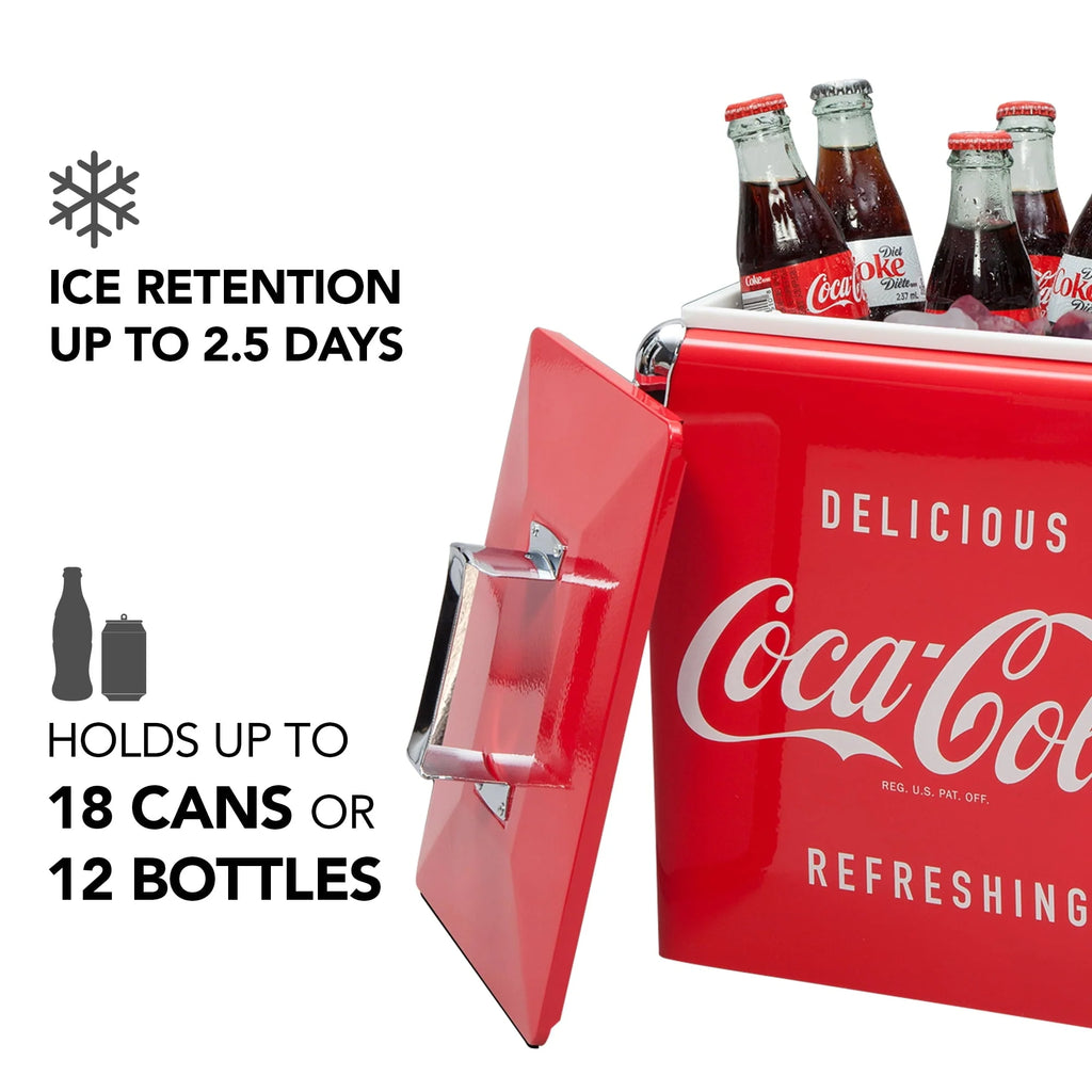 Coca - Cola Retro Portable Ice Chest Cooler with Bottle Opener 13 L (14 Qt), 18 Can Capacity, Red Vintage Style Ice Bucket for Camping, Beach, Picnic, RV, Bbqs, Tailgating, Fishing