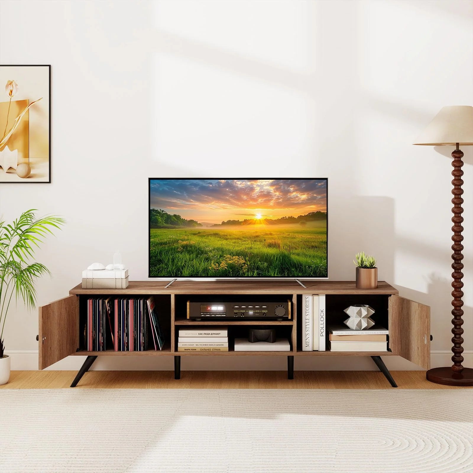Tangkula 2-Door TV Stand for TVs up to 65 Inch with Open Shelves