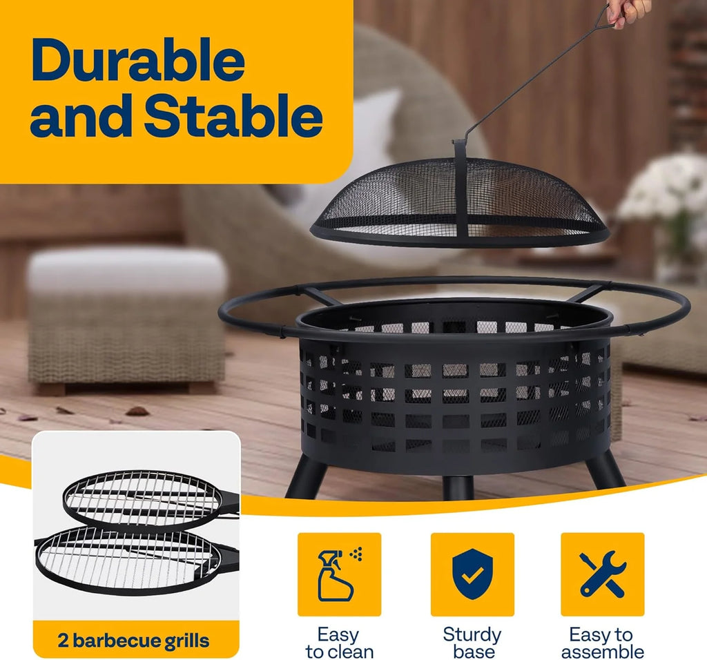 SPECSTAR 3 - in - 1 Fire Pit35 in Wood Burning Firepits with Cooking Grill Grate & Charcoal Pan & Cover Lid, Metal Table for Backyard Bonfire BBQ Outdoor Camping Picnic