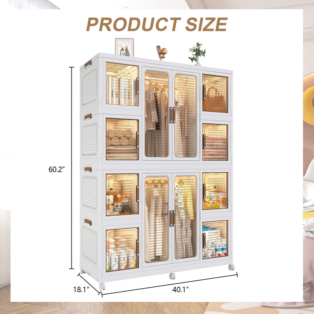 Montary Kids Portable Wardrobe W/ Magnetic Doors & Hanging Rod - 4 - Cube Plastic Storage Cabinet, Nursery/Bedroom