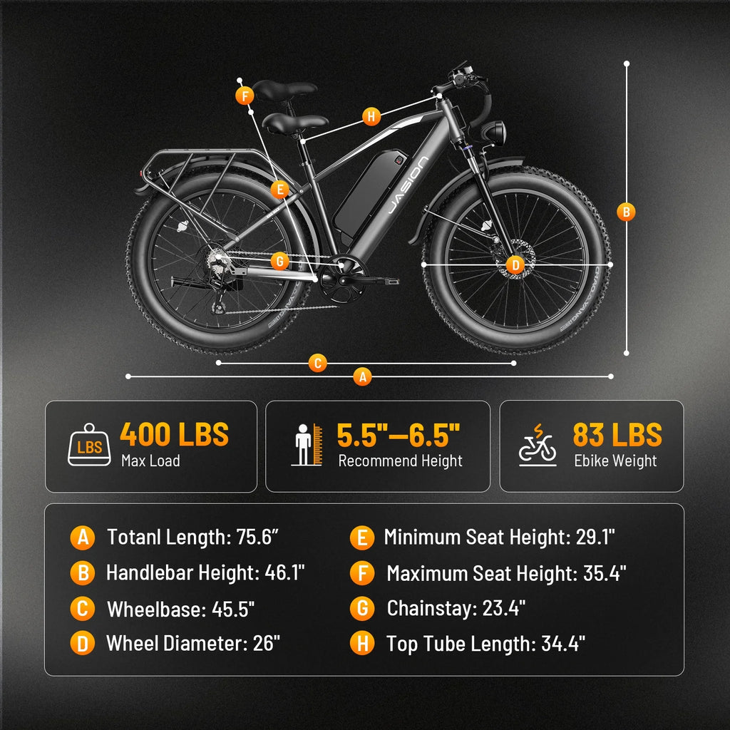 Jasion EB5 MAX Electric Bike for Adults, 750W Electric Mountain Bike with 48V 15ah Battery, 26'' Fat Tire Off - Road Ebike, 28MPH Shimano 7 Speed Bicycle UL2849