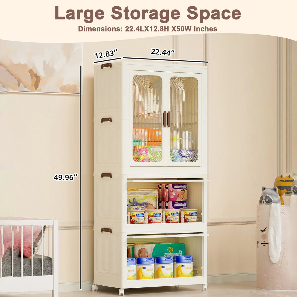 Montary Kids Portable Wardrobe W/ Magnetic Doors & Hanging Rod - 4 - Cube Plastic Storage Cabinet, Nursery/Bedroom
