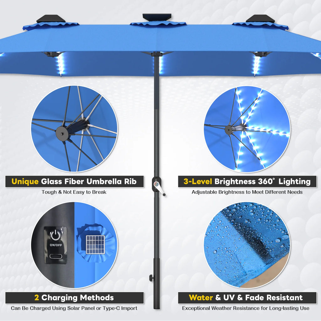 AECOJOY 15ft Patio Double-Sided Umbrella, 156 PCS Solar LED Light Outdoor Large Umbrella, Dark Blue