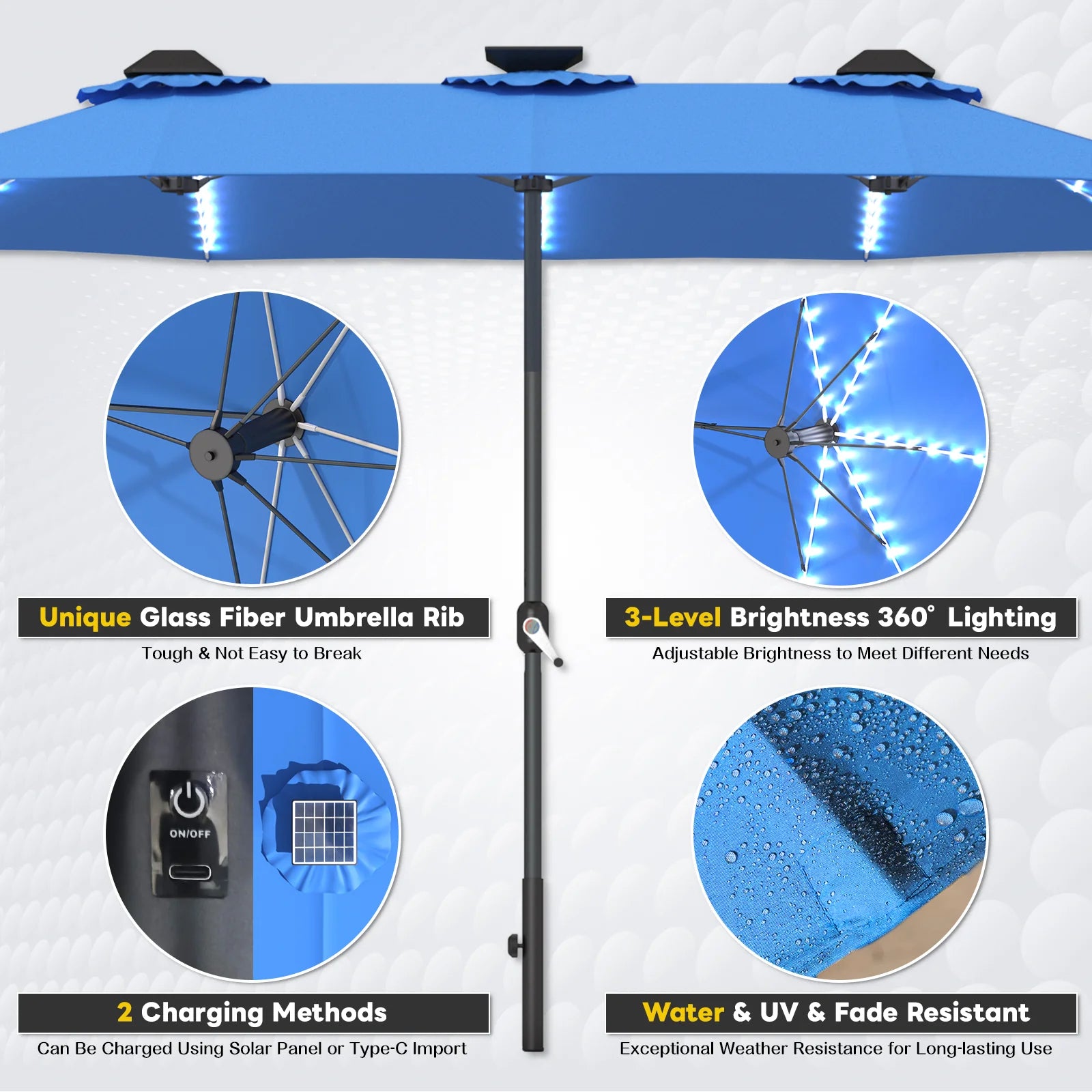 AECOJOY 15ft Patio Double-Sided Umbrella, 156 PCS Solar LED Light Outdoor Large Umbrella, Dark Blue