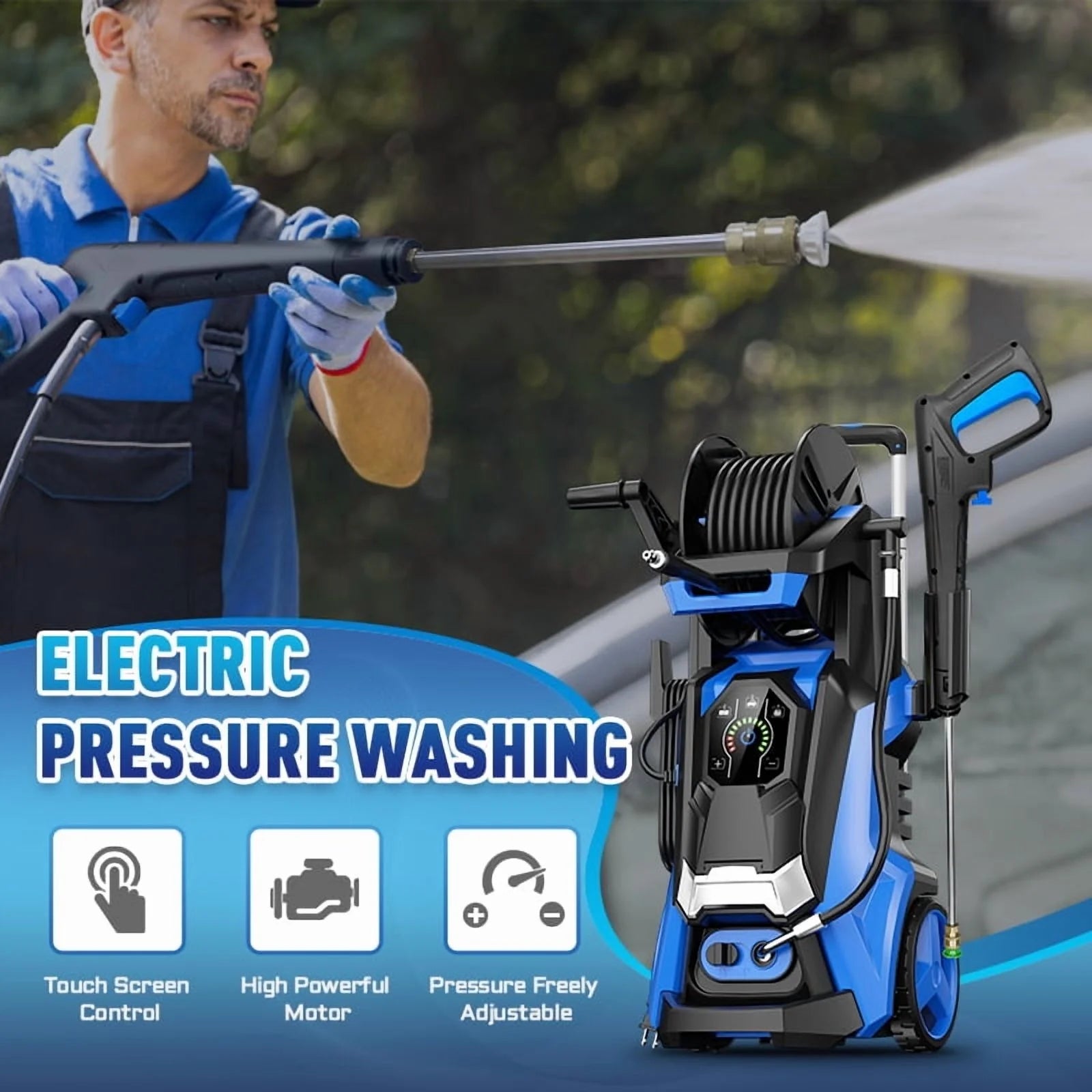 Electric Pressure Washer 5000PSI - Max 3.6GPM Power Washer Touch Screen Adjustable Pressure, 4 Nozzles and 500 ml Foam Cannon Power Washer Cleaning for Patio Blue