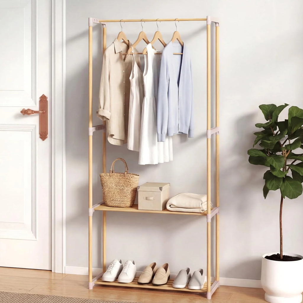 Tangkula Solid Wood Clothes Rack for Hanging Clothes with Hanging Rod & 2 Open Shelves