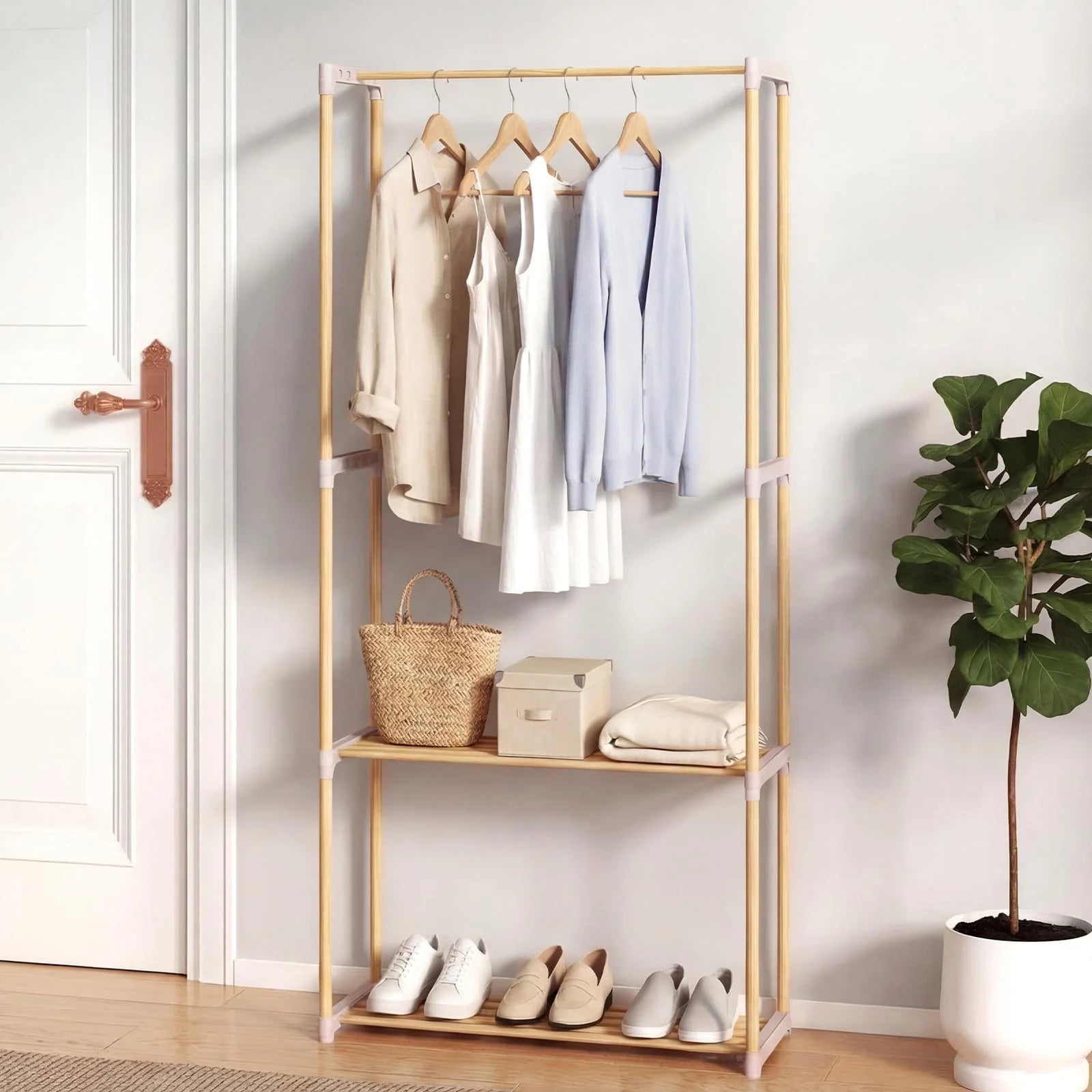 Tangkula Solid Wood Clothes Rack for Hanging Clothes with Hanging Rod & 2 Open Shelves