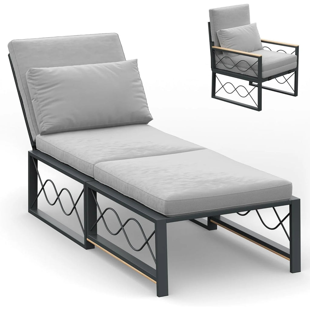 AECOJOY Outdoor Metal Chaise Lounge Chair, Convertible Patio Armchair with Cushions, Adjustable 5-Position Recliner
