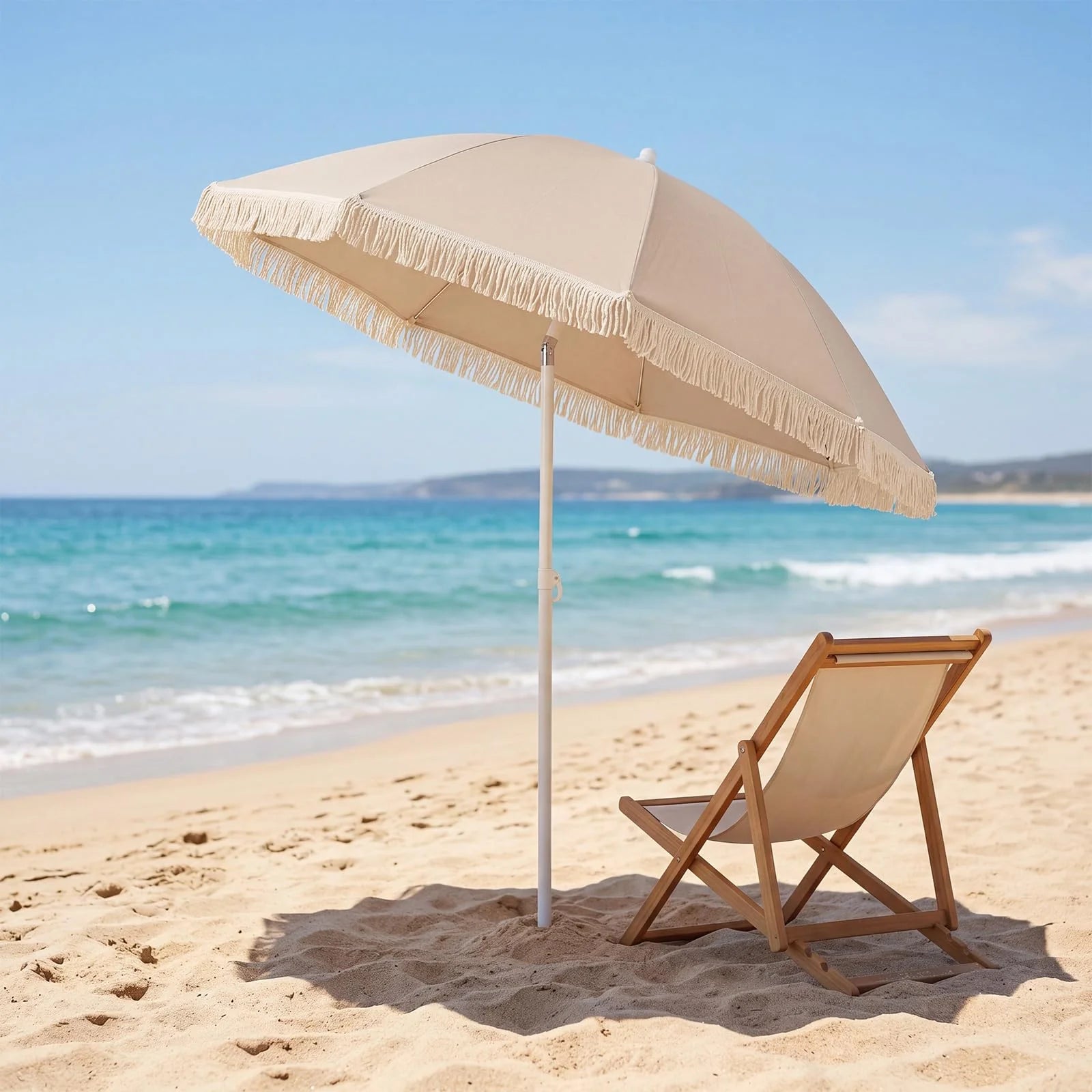 Tangkula 7FT Beach Umbrella with Fringe & Sand Anchor