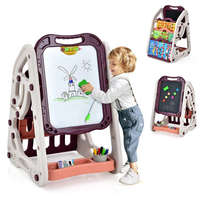 3-in-1 Kids Art Easel Double-Sided Magnetic Whiteboard & Chalkboard with Book Rack, Height Adjustable Standing Book Shelf Art Easel for Toddlers