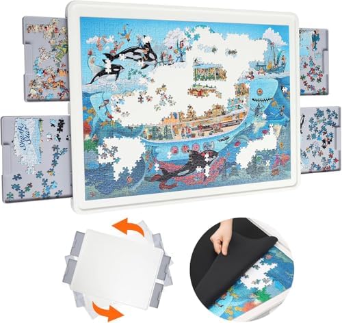 1500 Pieces Rotating Plastic Puzzle Board with Drawers and Cover, 35"x27" Portable Jigsaw Puzzle Table for Adults, Lazy Susan Spinning Puzzle Boards, Ideal Gift for Mum