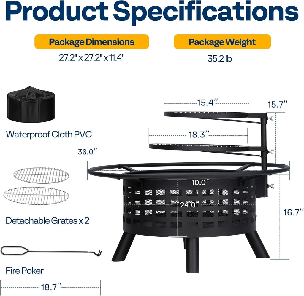 SPECSTAR 3 - in - 1 Fire Pit35 in Wood Burning Firepits with Cooking Grill Grate & Charcoal Pan & Cover Lid, Metal Table for Backyard Bonfire BBQ Outdoor Camping Picnic