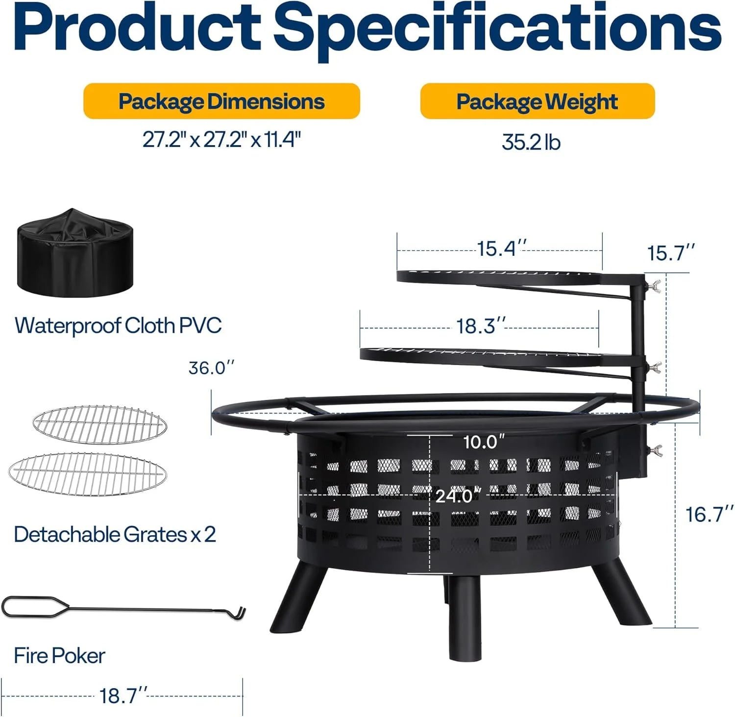 SPECSTAR 3 - in - 1 Fire Pit35 in Wood Burning Firepits with Cooking Grill Grate & Charcoal Pan & Cover Lid, Metal Table for Backyard Bonfire BBQ Outdoor Camping Picnic