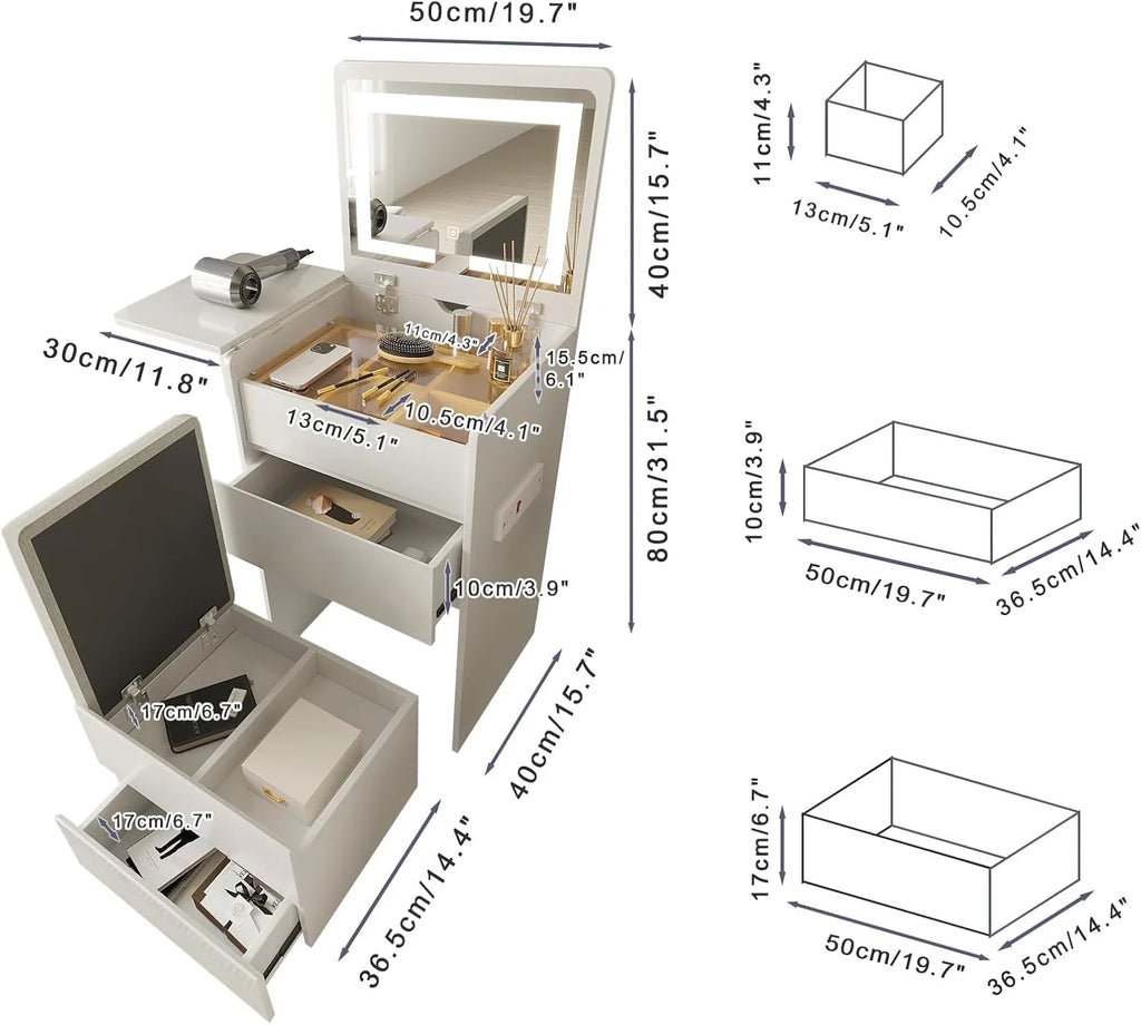 Vanity Desk with Flip Top Lighted Mirror, Compact Makeup Table with Storage Stool, Integrated Vanity with Drawers, 3 - in - 1 Vanity Set, Small Dressing Desk for Bedroom