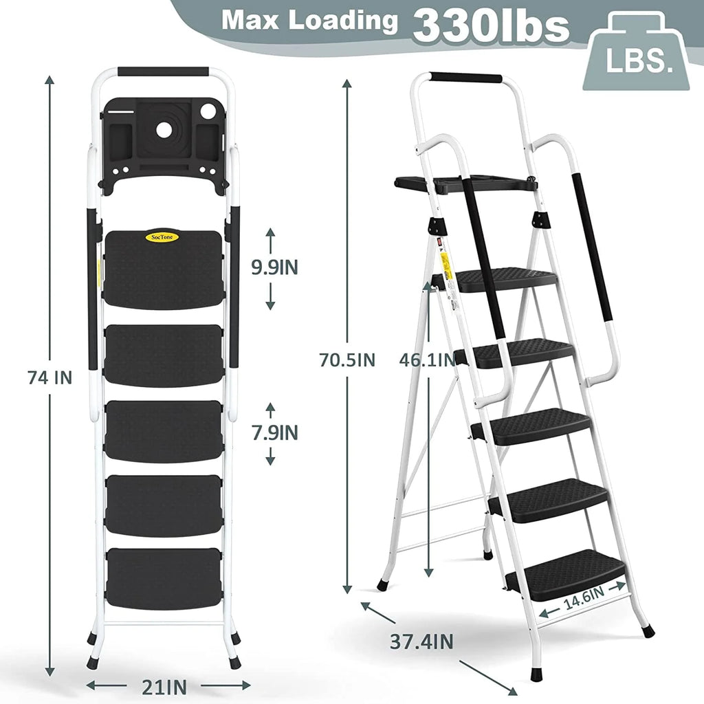 Hbtower Folding 5 - Step Ladder, 330 lb, with Handrails and Tool Tray and Anti - Slip Pedal, White