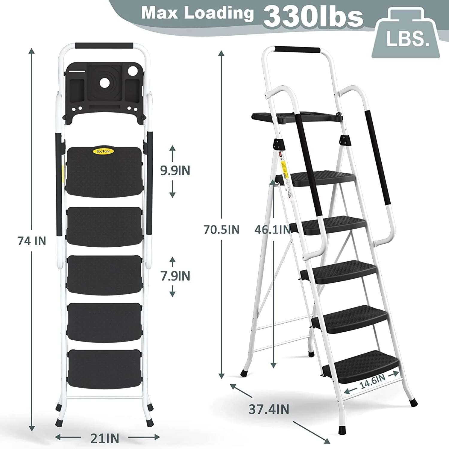 Hbtower Folding 5 - Step Ladder, 330 lb, with Handrails and Tool Tray and Anti - Slip Pedal, White