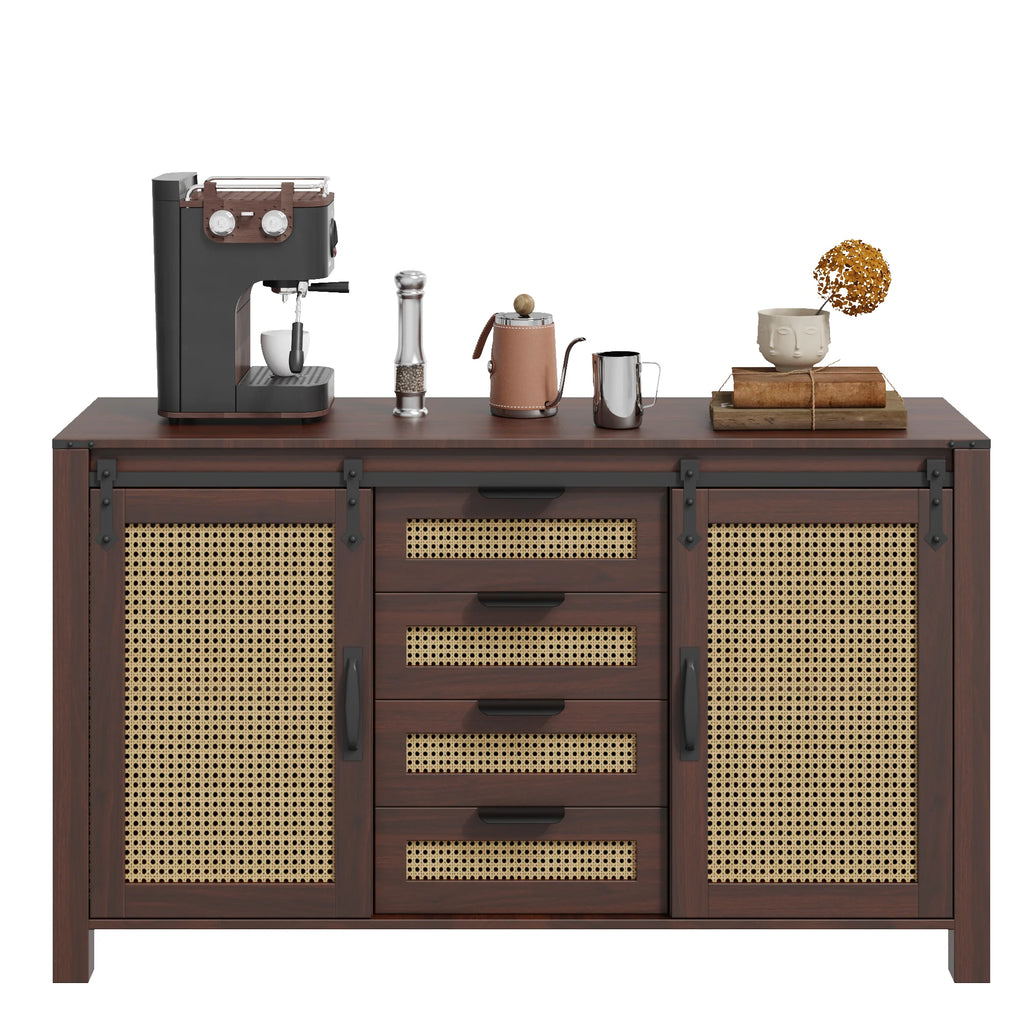 AECOJOY Farmhouse Sideboard Buffet Cabinet with Storage, Rattan Kitchen Cabinet w/Sliding Barn Doors & 4 Drawers