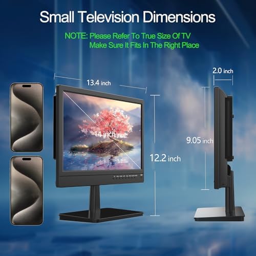 14 inch Small Flat Screen Kitchen TV with Antenna ATSC Tuner/USB/HDMI/AV/VGA, Built-in TV Stand and Remote Control for Car,RV,Camping,Outdoor or Office
