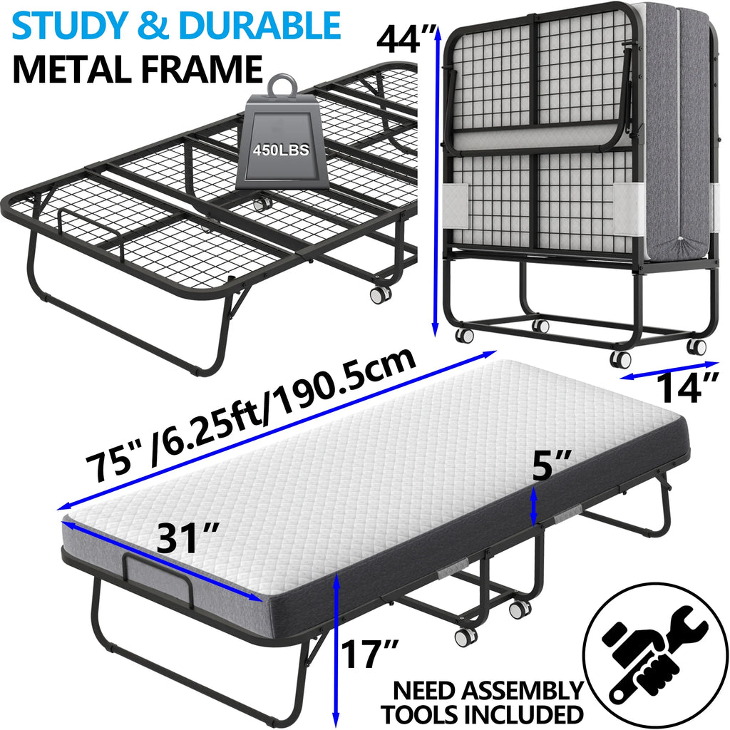 Folding Bed with Mattress 75" x 31" Cot Size Folded Bed, Rollaway Guest Bed Portable Foldable Extra Bed for Adults Daybed with 5" Memory Foam Mattress Space - Saving Sturdy Metal Grid Frame