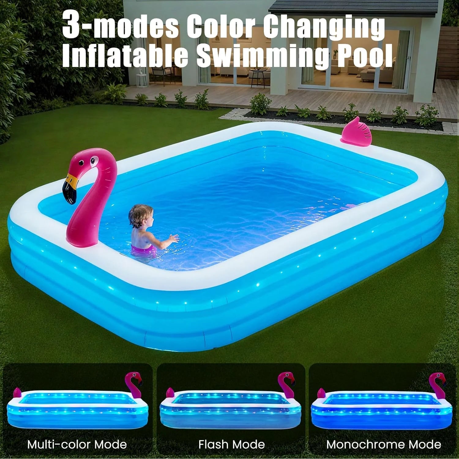 AECOJOY 119"x86"x21“ Inflatable Pool with LED Lights, 3 Light Modes, 3-Ring Blow Up Pool for Adults & Kids(Includes Electric Air Pump)