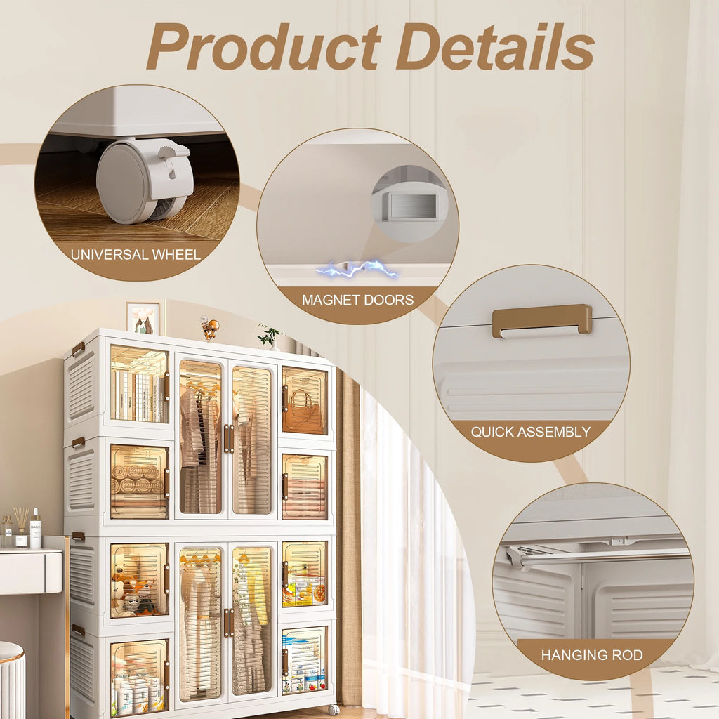 Montary Kids Portable Wardrobe W/ Magnetic Doors & Hanging Rod - 4 - Cube Plastic Storage Cabinet, Nursery/Bedroom
