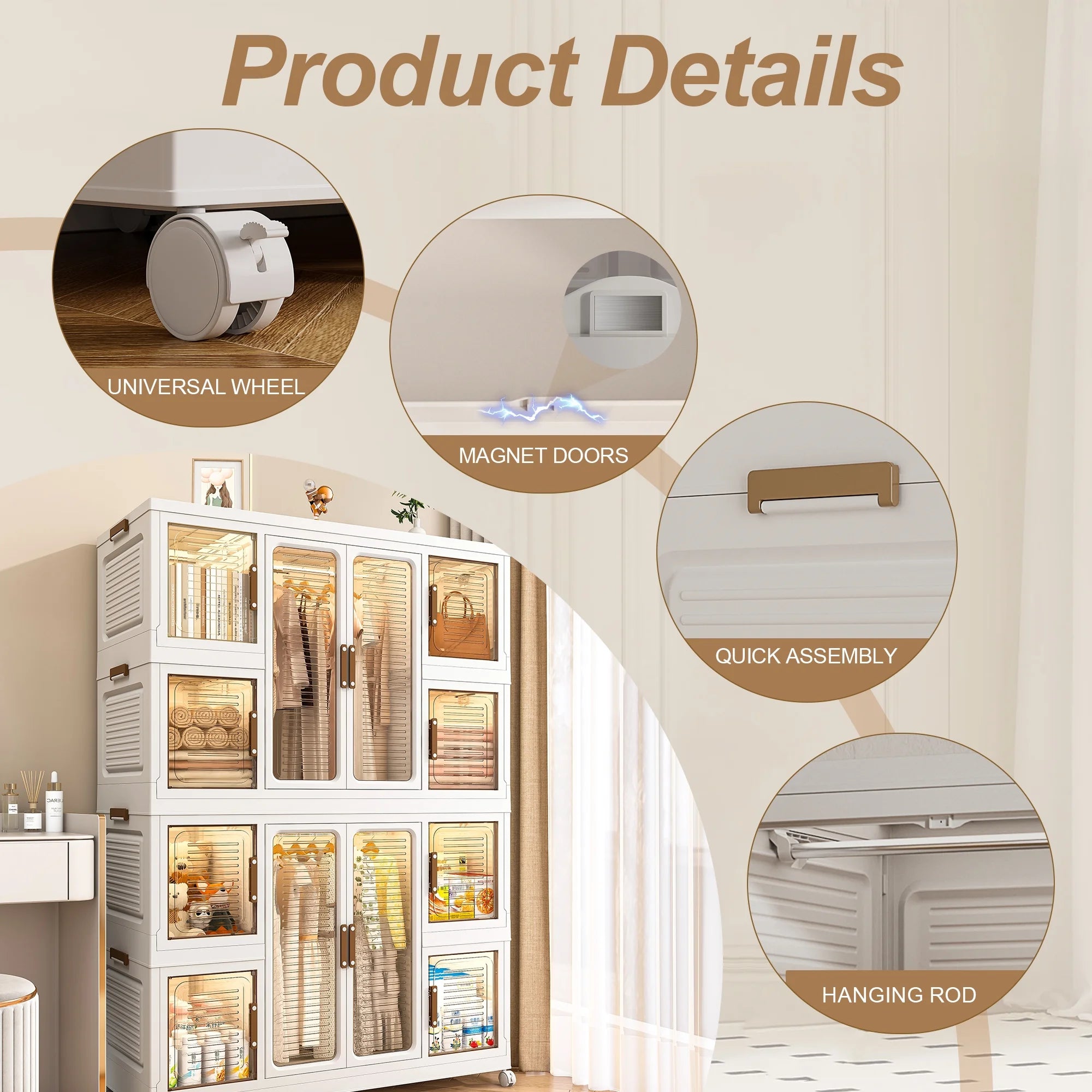 Montary Kids Portable Wardrobe W/ Magnetic Doors & Hanging Rod - 4 - Cube Plastic Storage Cabinet, Nursery/Bedroom