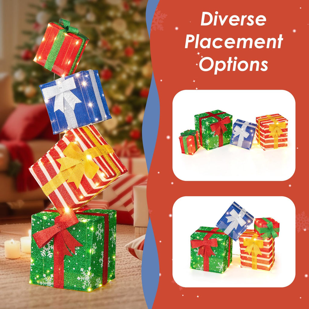 Tangkula 4 FT Lighted Stacked Gift Boxes, Light up Box Tower Christmas Decorations with Built-in LED Lights & Decorative Bows
