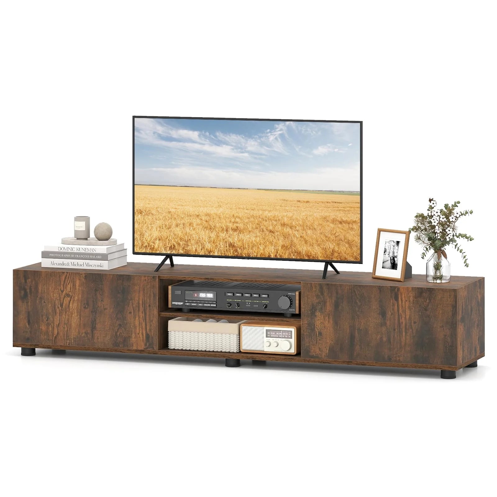 Tangkula Modern TV Stand 63”L Minimalist Entertainment Center w/ 2 Doors & Open Shelves