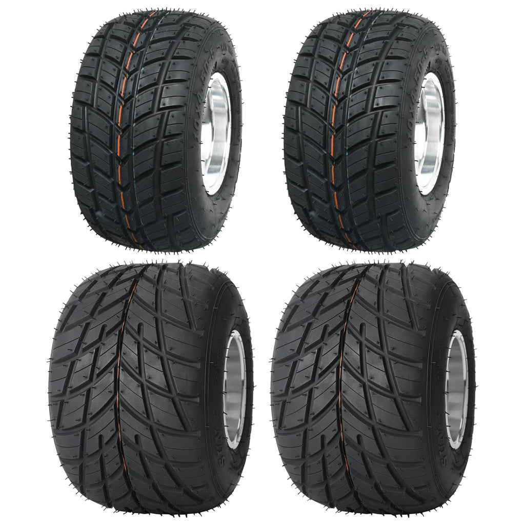Set 4 Go Kart Tires and Rims, 10x4.50 - 5 Front Tubeless Tires Rims, 11x7.10 - 5 Rear Tires Rims, Go Cart Wheels and Tires Fit Bolt Pattern 58 Mm with 3 Holes Drift Trike, Buggy Lawn Mower