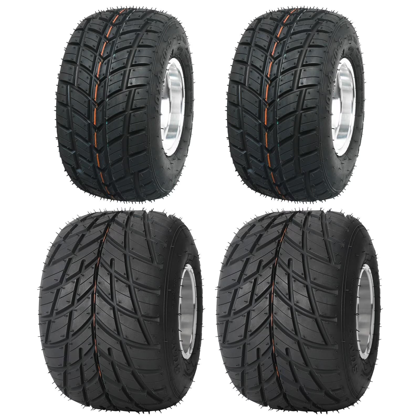 Set 4 Go Kart Tires and Rims, 10x4.50 - 5 Front Tubeless Tires Rims, 11x7.10 - 5 Rear Tires Rims, Go Cart Wheels and Tires Fit Bolt Pattern 58 Mm with 3 Holes Drift Trike, Buggy Lawn Mower