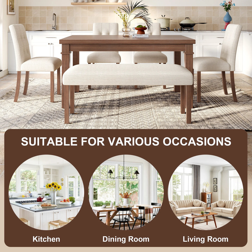 Euroco 6 - Piece Wood Dining Table Set for 6, Modern Rectangular Kitchen Table with 4 Upholstered Chairs & Bench for Kitchen Dining Room, Walnut