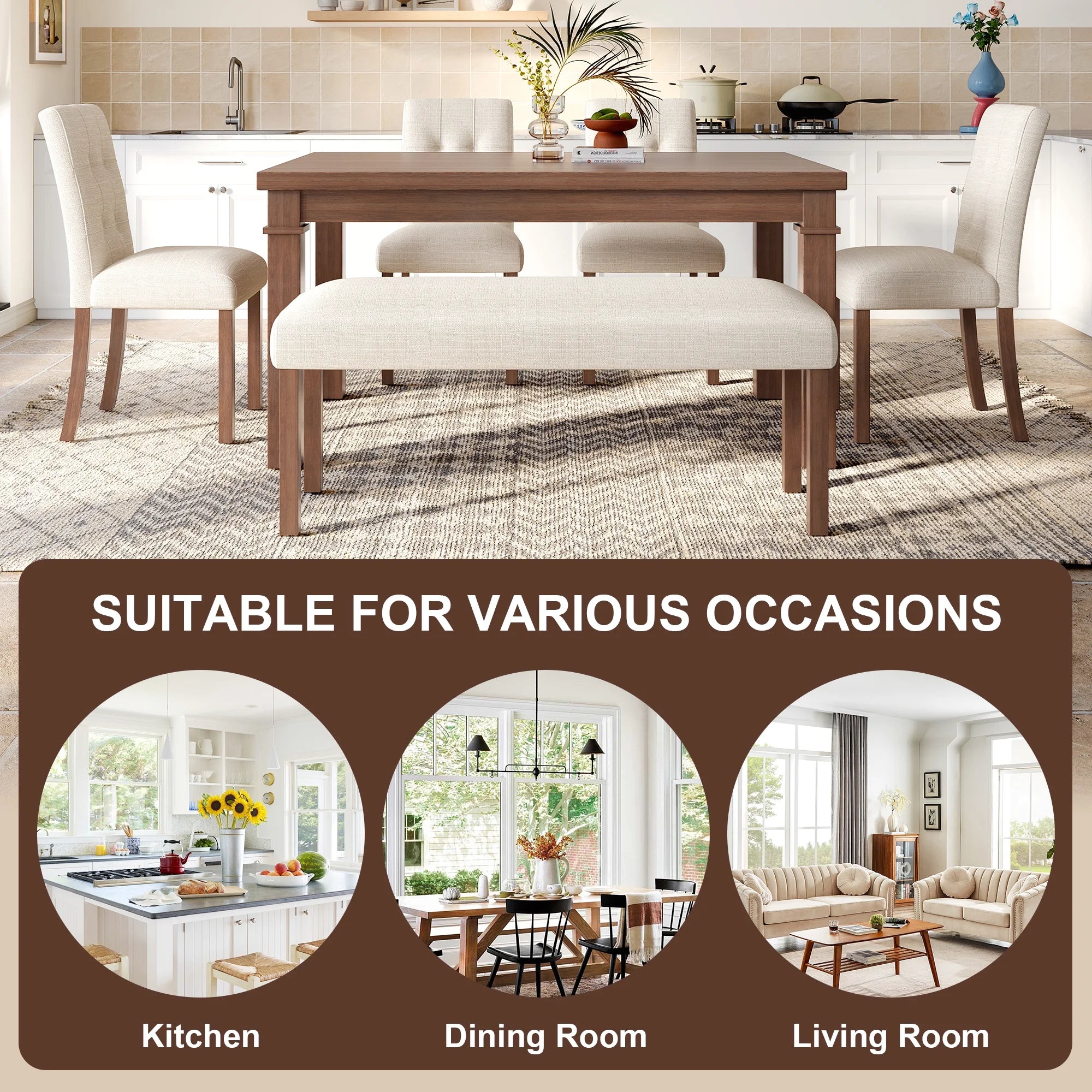 Euroco 6 - Piece Wood Dining Table Set for 6, Modern Rectangular Kitchen Table with 4 Upholstered Chairs & Bench for Kitchen Dining Room, Walnut