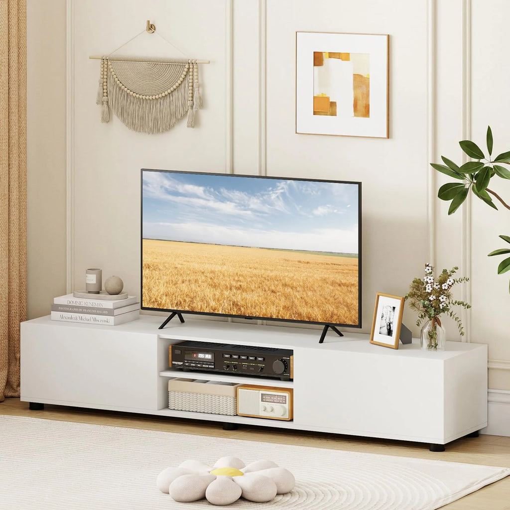 Tangkula Modern TV Stand 63”L Minimalist Entertainment Center w/ 2 Doors & Open Shelves