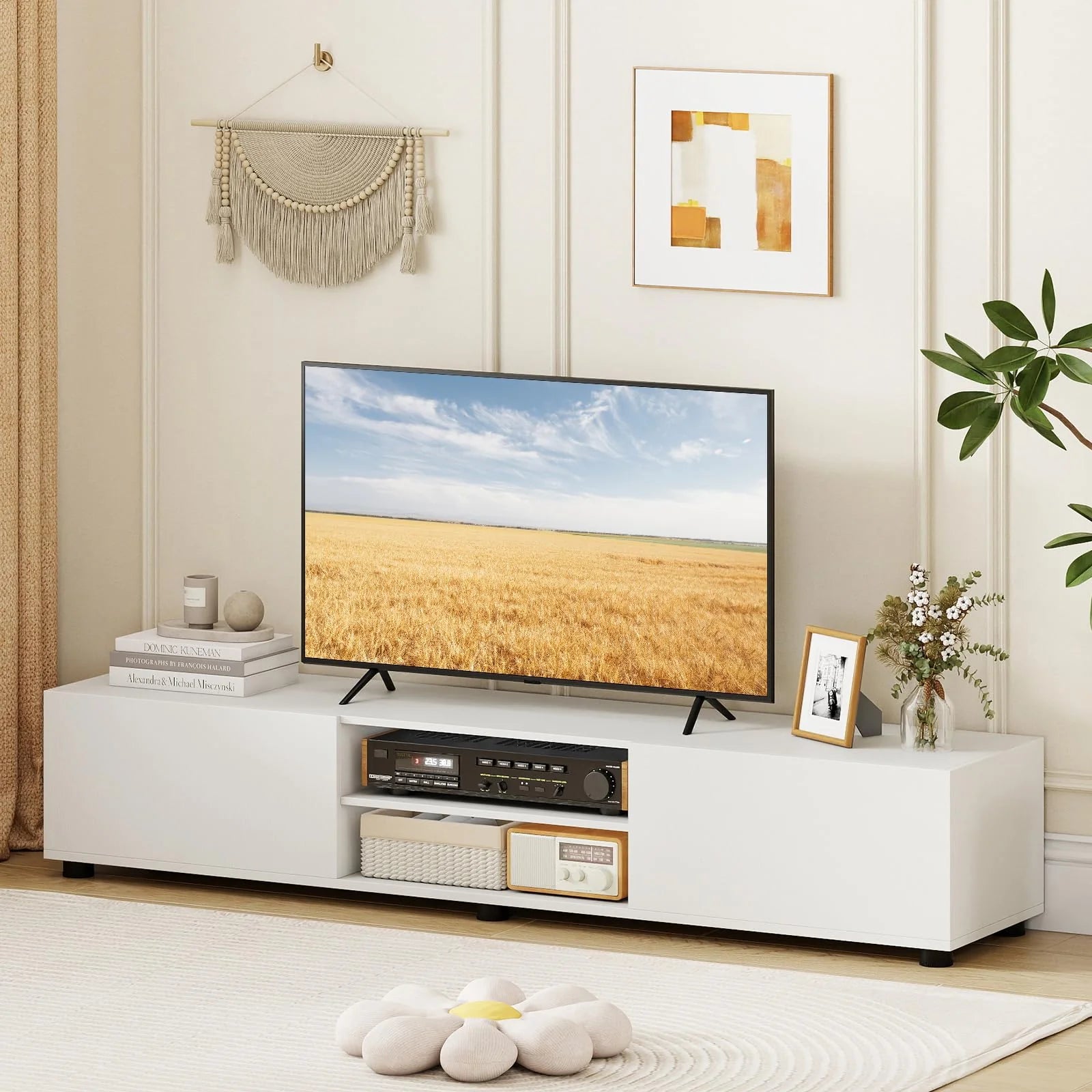 Tangkula Modern TV Stand 63”L Minimalist Entertainment Center w/ 2 Doors & Open Shelves