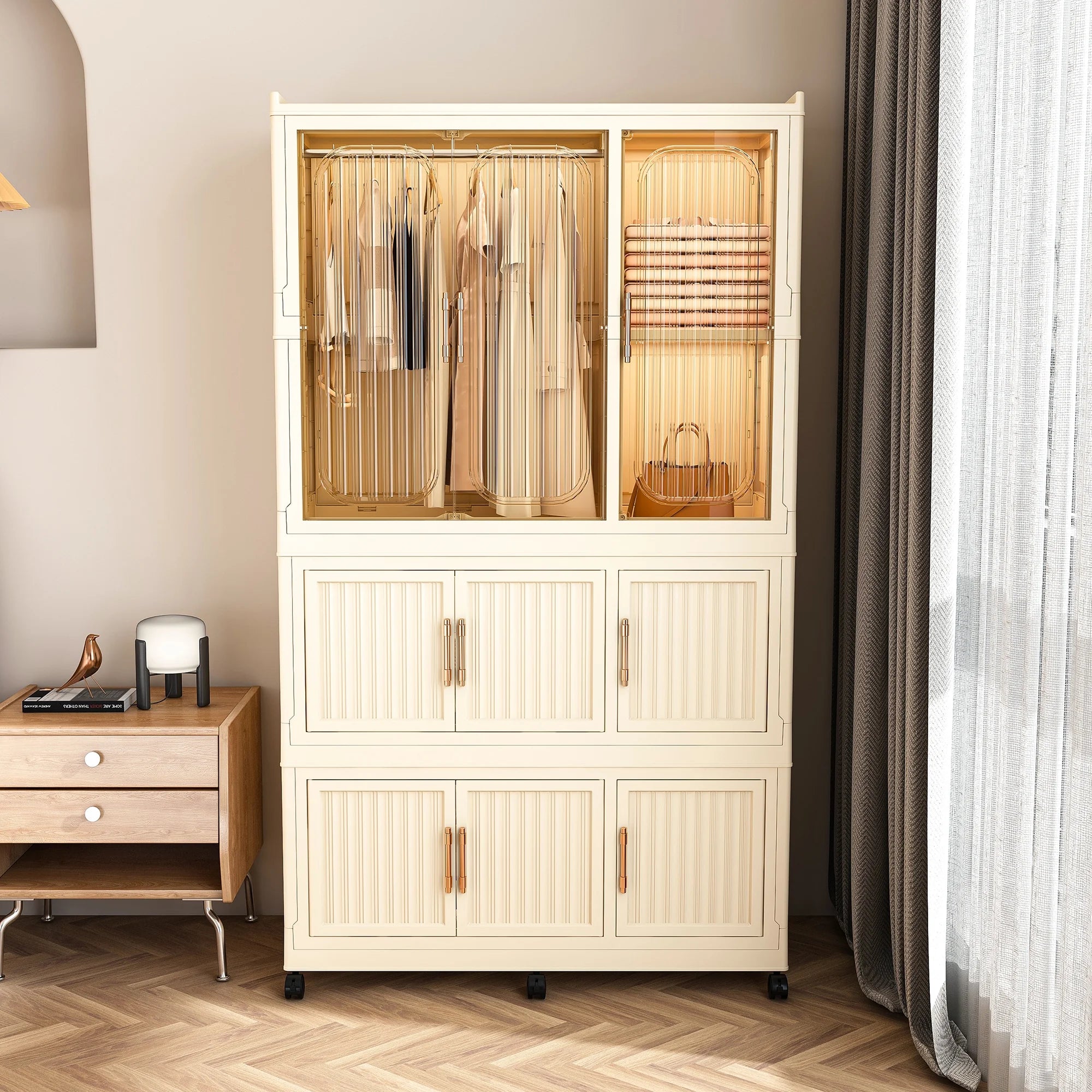 Montary Kids Portable Wardrobe W/ Magnetic Doors & Hanging Rod - 4 - Cube Plastic Storage Cabinet, Nursery/Bedroom
