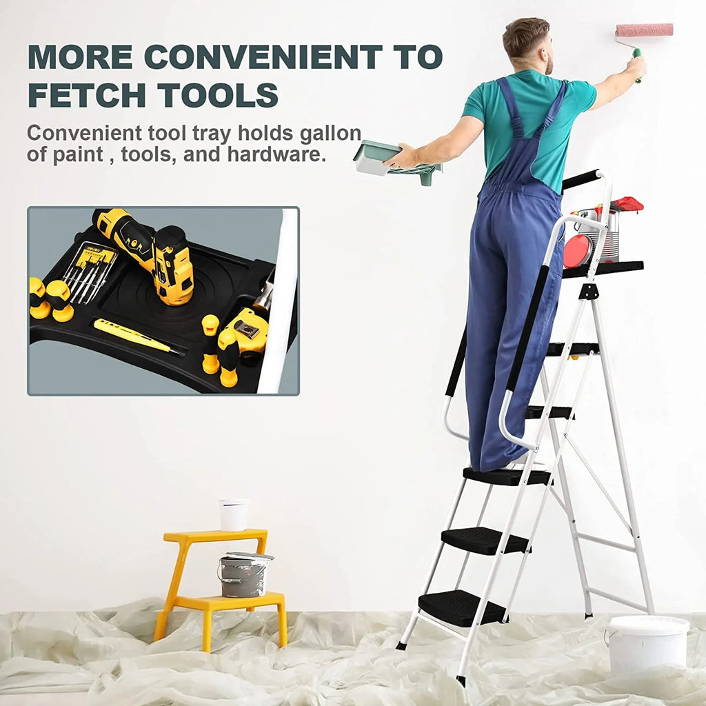 Hbtower Folding 5 - Step Ladder, 330 lb, with Handrails and Tool Tray and Anti - Slip Pedal, White