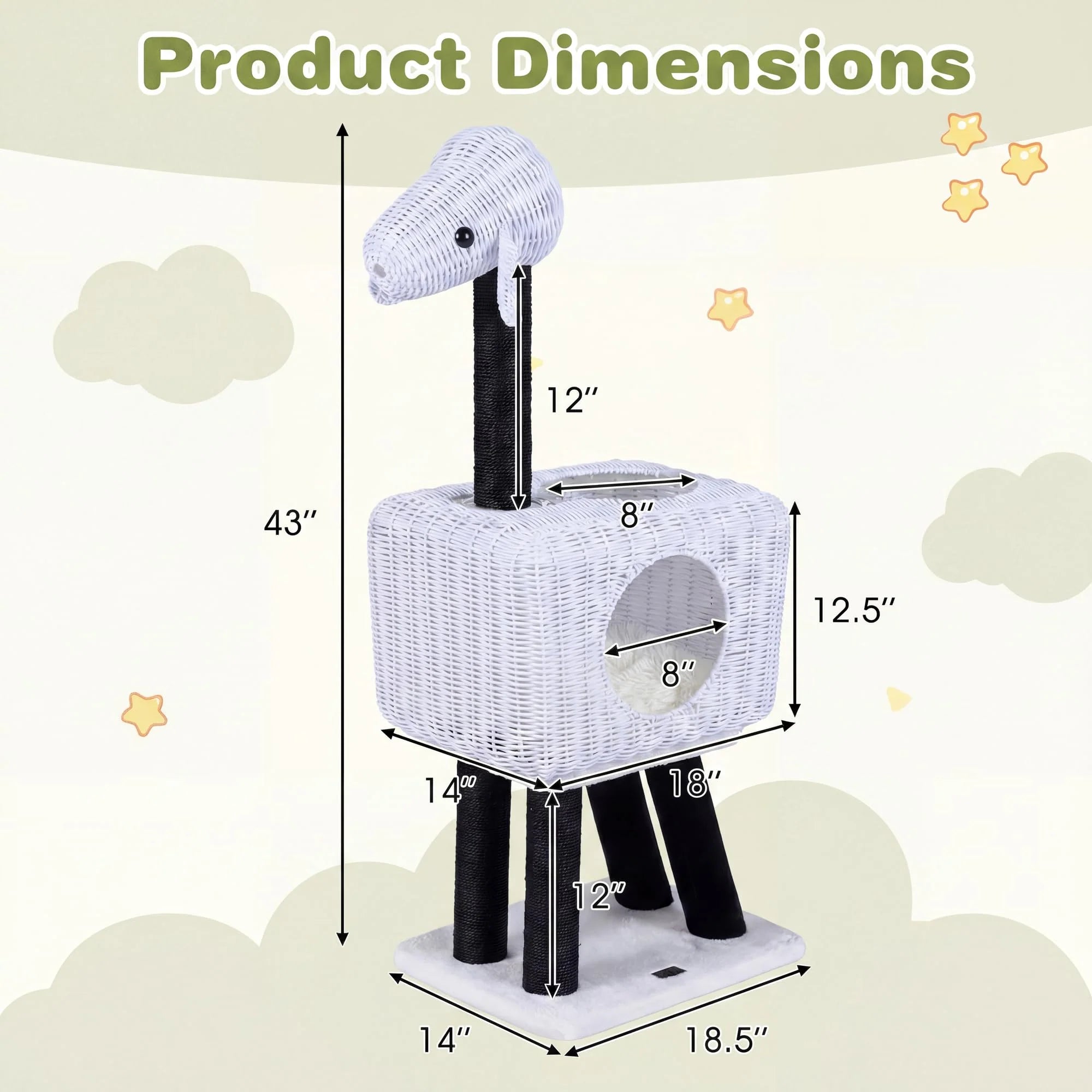 Tangkula 43 Inch Sheep-Shaped Cute Cat Tower with 2-Cave Large Wicker Condo