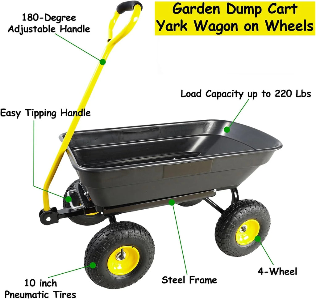Garden Cart Yard Wagon Dump Cart on Wheels Outdoor Gardening Cart with Steel Frame Lawn Garden Dump Cart Utility, 220 lb. Capacity, 55 L, 10" Pneumatic Tire (Black)