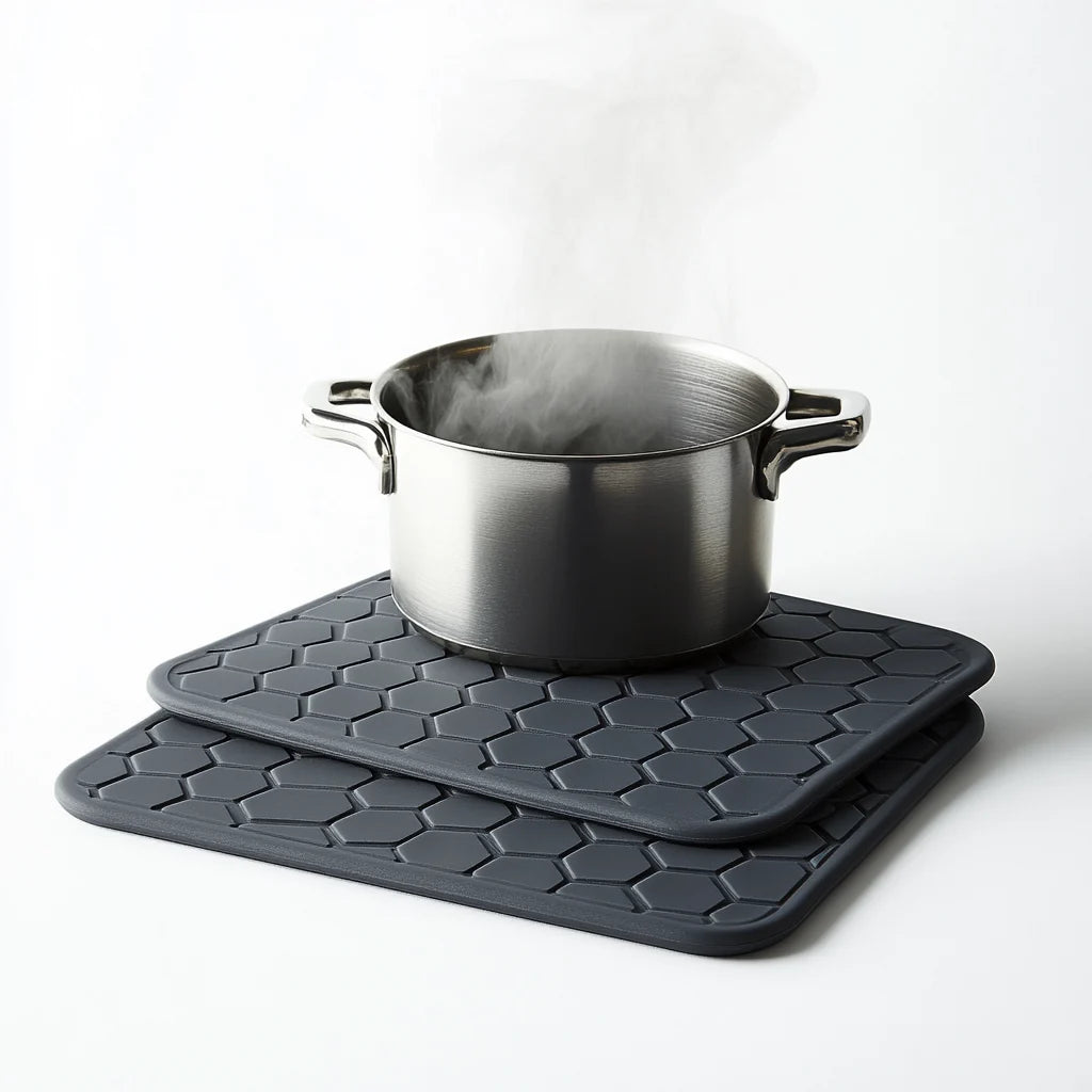 Zaldy Silicone Trivet Mats Set of 4 - Extra Thick Honeycomb Design - Heat Resistant up to 480F - Non-Slip Pot Holders & Jar Opener - Charcoal Grey