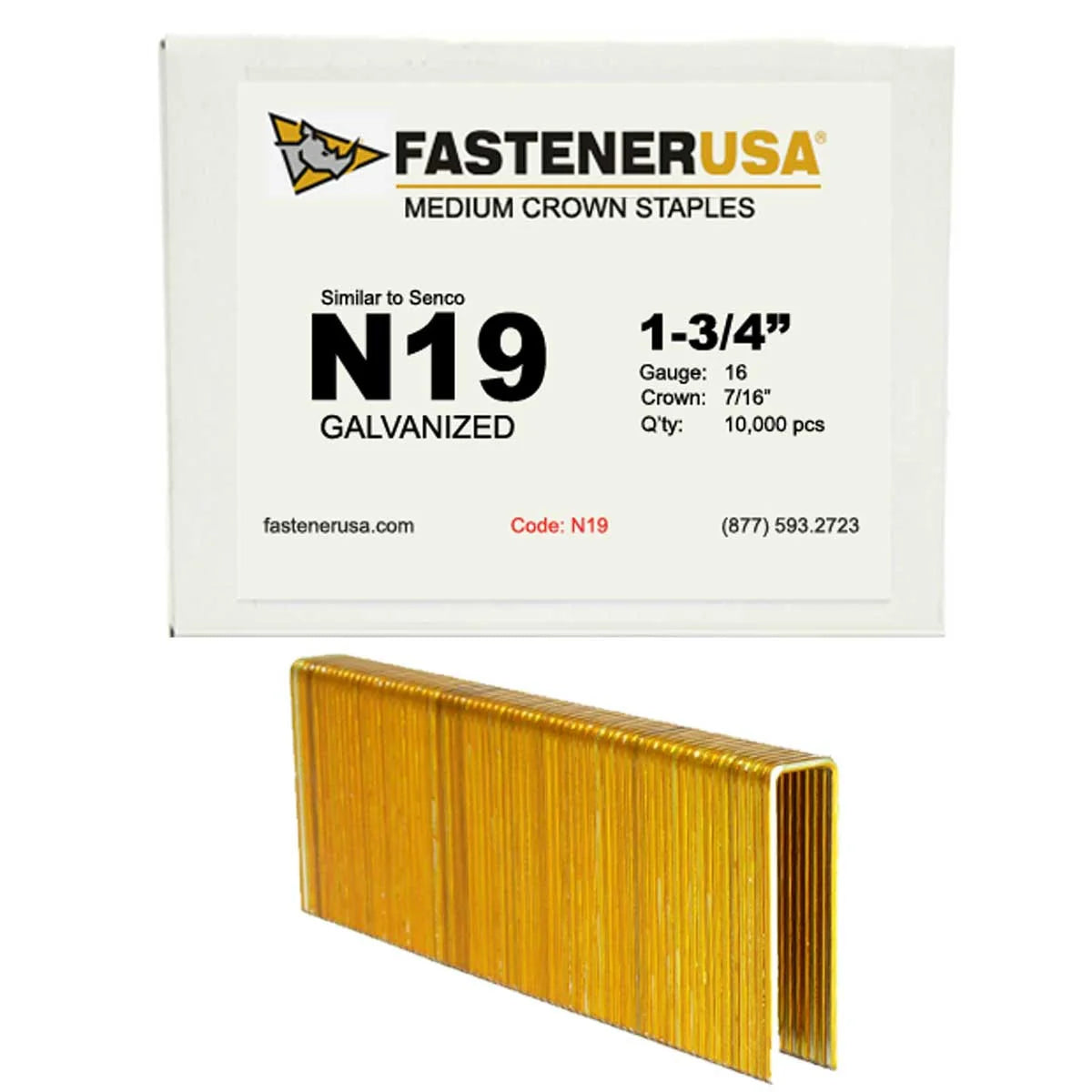 N19 1-3/4 in Medium Crown Shake Staples, 7/16 in Crown, 16 Gauge, Galvanized (10,000/Box)