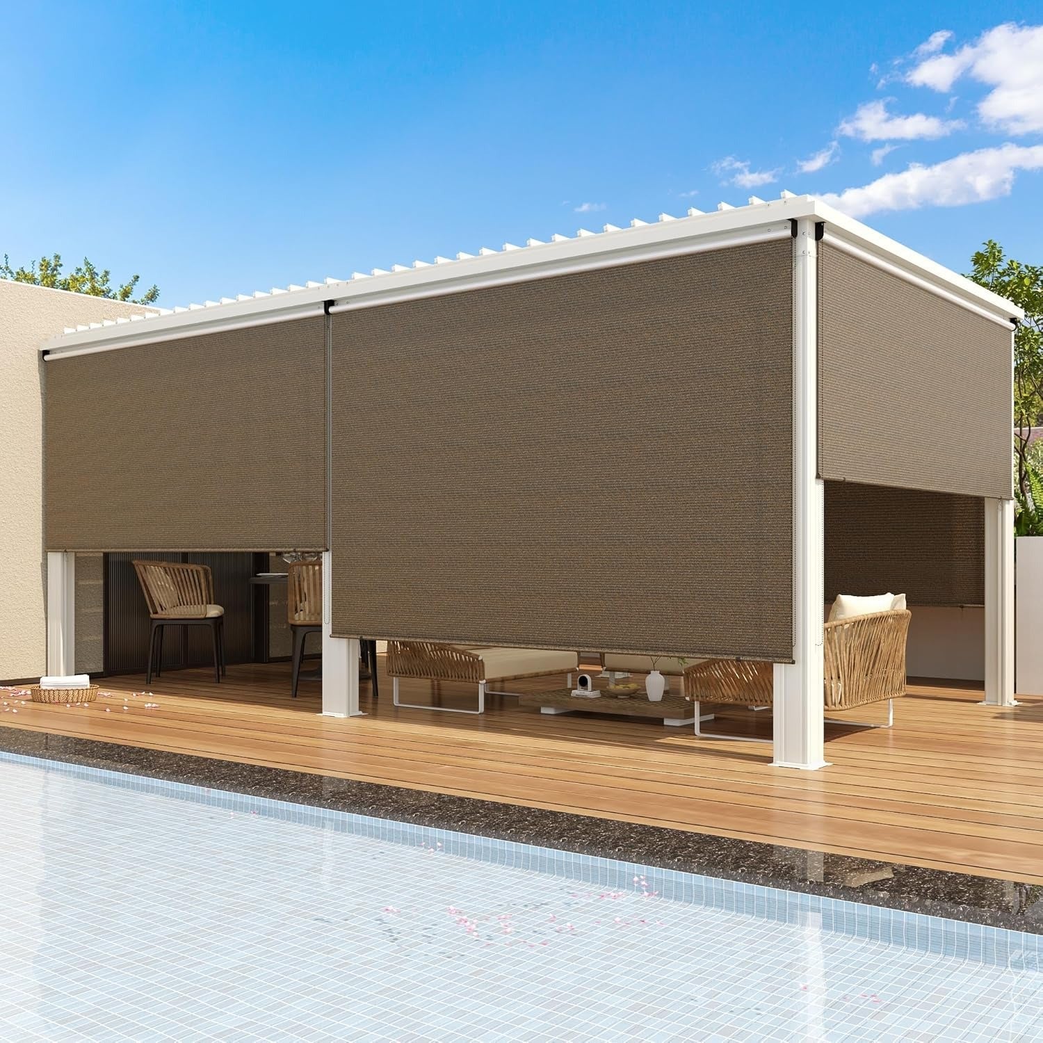 AECOJOY Outdoor Roller Shade, 8'(W) x6'(H) Sun Shade Cover Canopy, Mocha&Gray