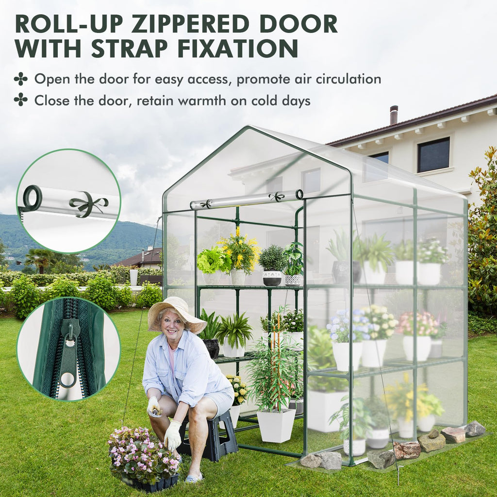 Portable Mini Walk-in Greenhouse with 3 Tiers 8 Shelves, PVC Cover, Roll-Up Zippered Door & Heavy-Duty Metal Frame for Indoor Outdoor Garden Yard