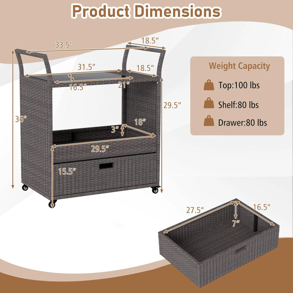 Tangkula Outdoor Rolling Wicker Bar Cart with Tempered Glass Top